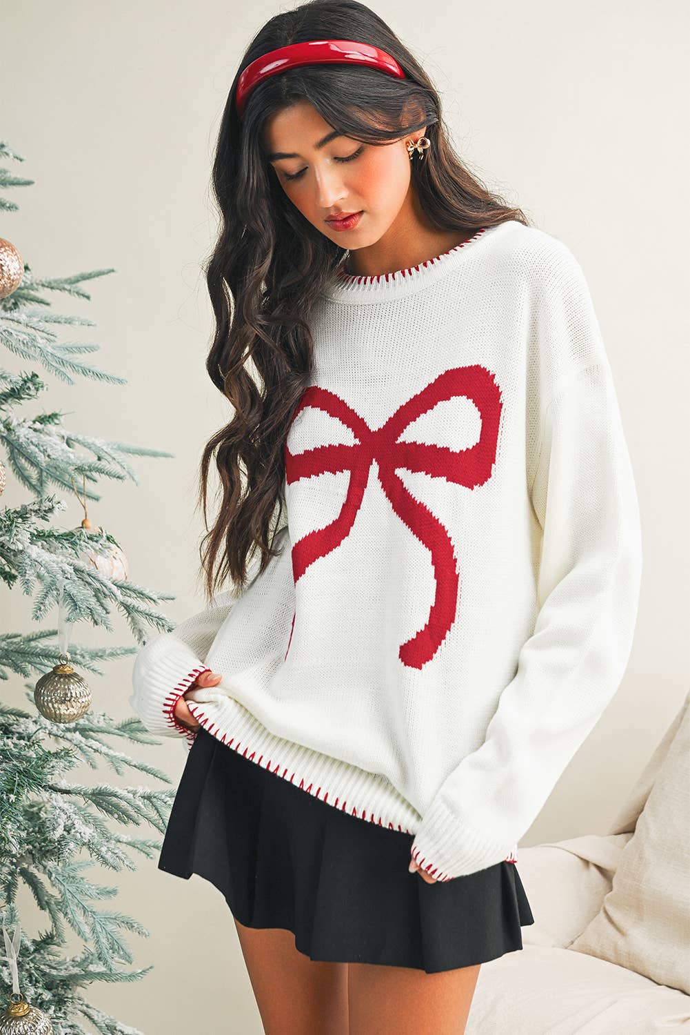 Cozy Striped Bow Knit Sweater